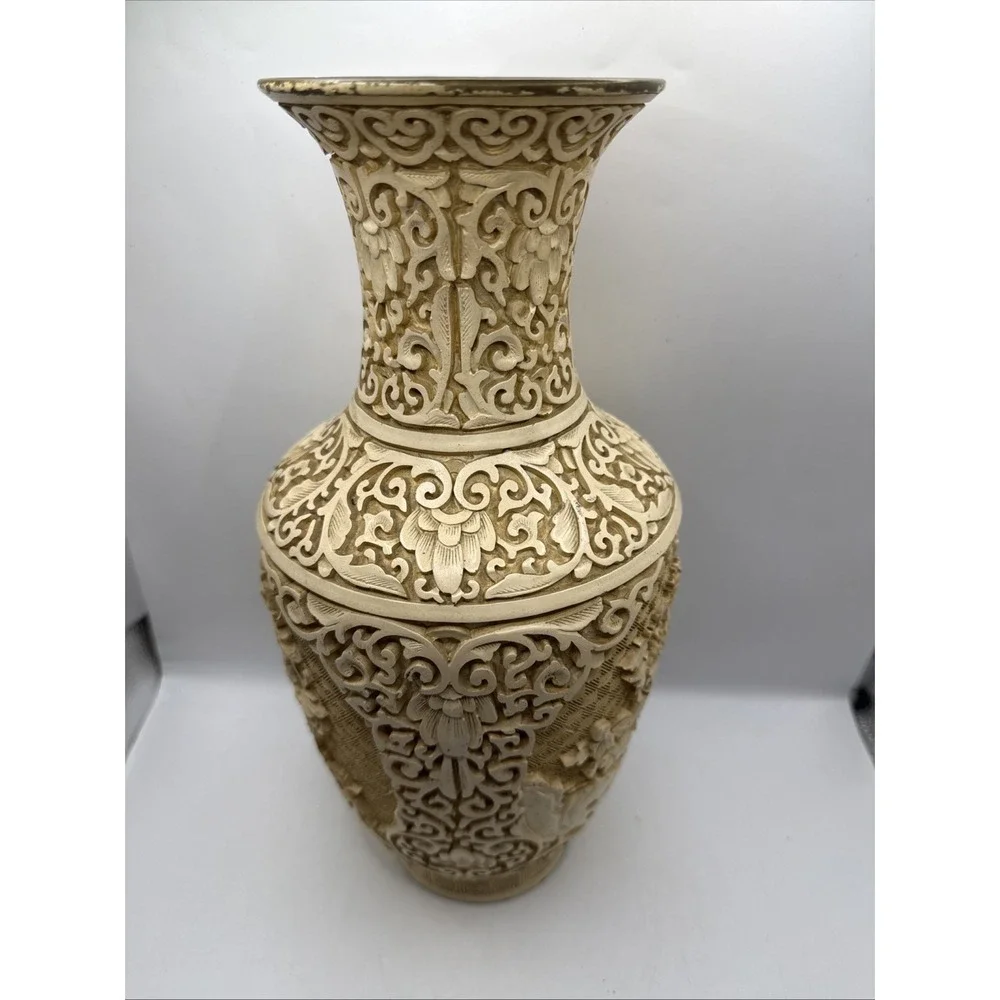 Vintage Mandarin Resin Carved Vase Layered 3D Flowers Floral Birds 12.5